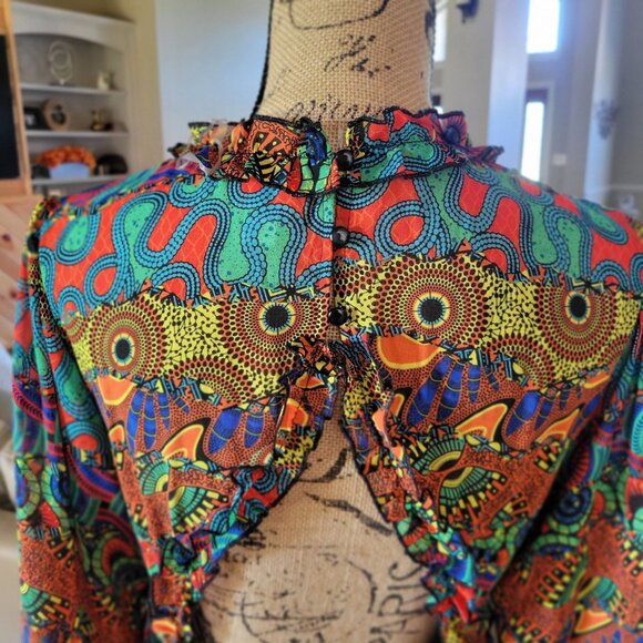 It's Bohemian Multicolor Long-Sleeve Deep V-Neck Ruffle Dress -US L - Picture 7 of 9